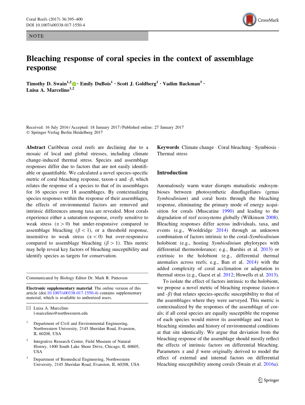 Bleaching Response of Coral Species in the Context of Assemblage Response
