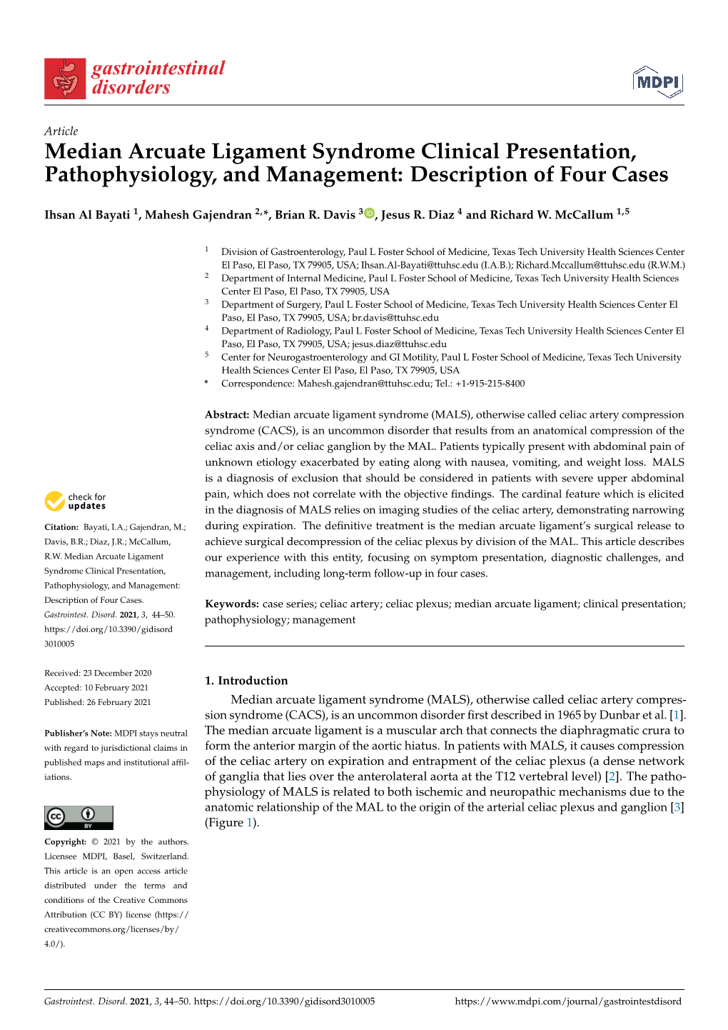 Median Arcuate Ligament Syndrome Clinical Presentation, Pathophysiology, and Management: Description of Four Cases