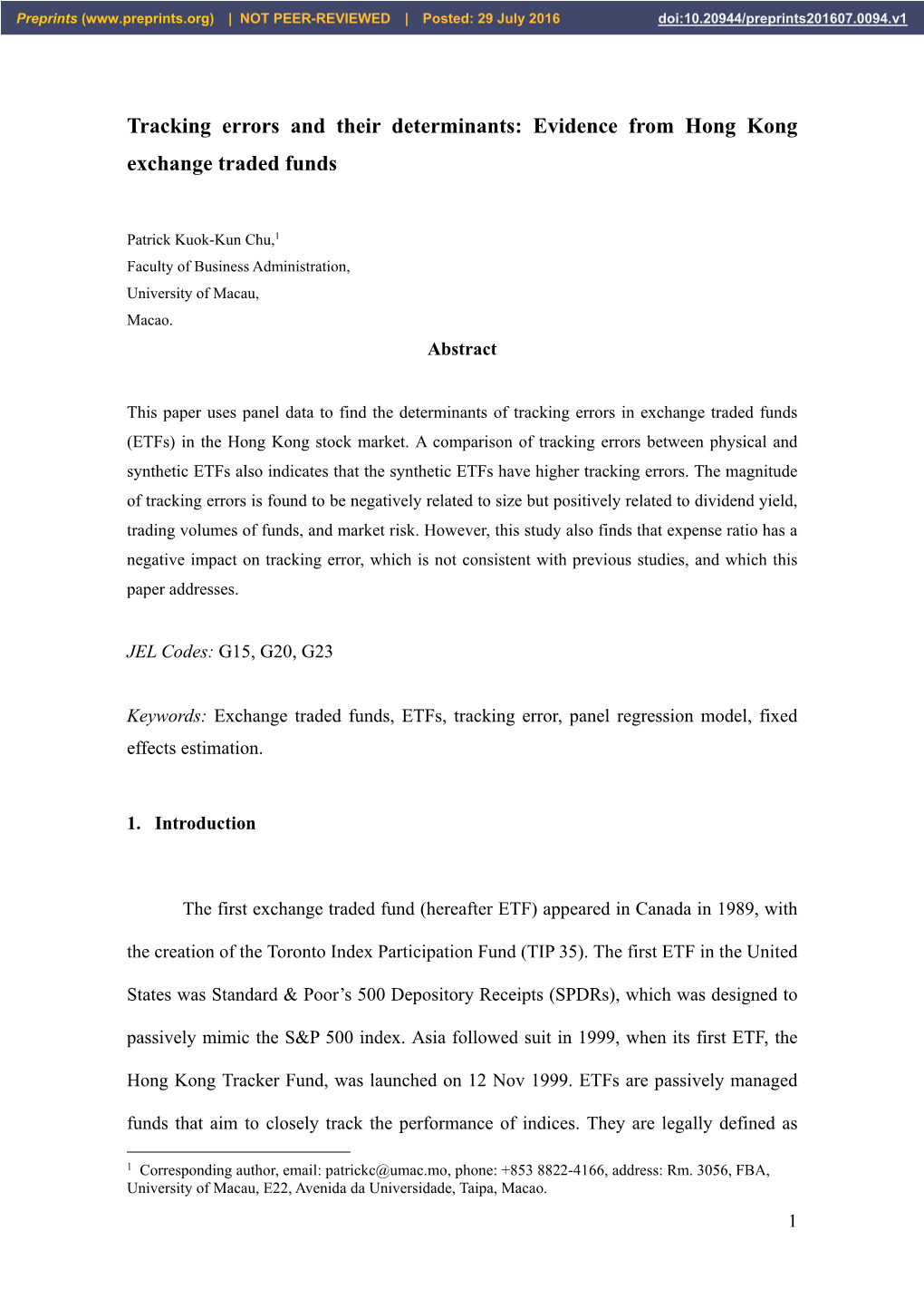 Tracking Errors and Their Determinants: Evidence from Hong Kong Exchange Traded Funds