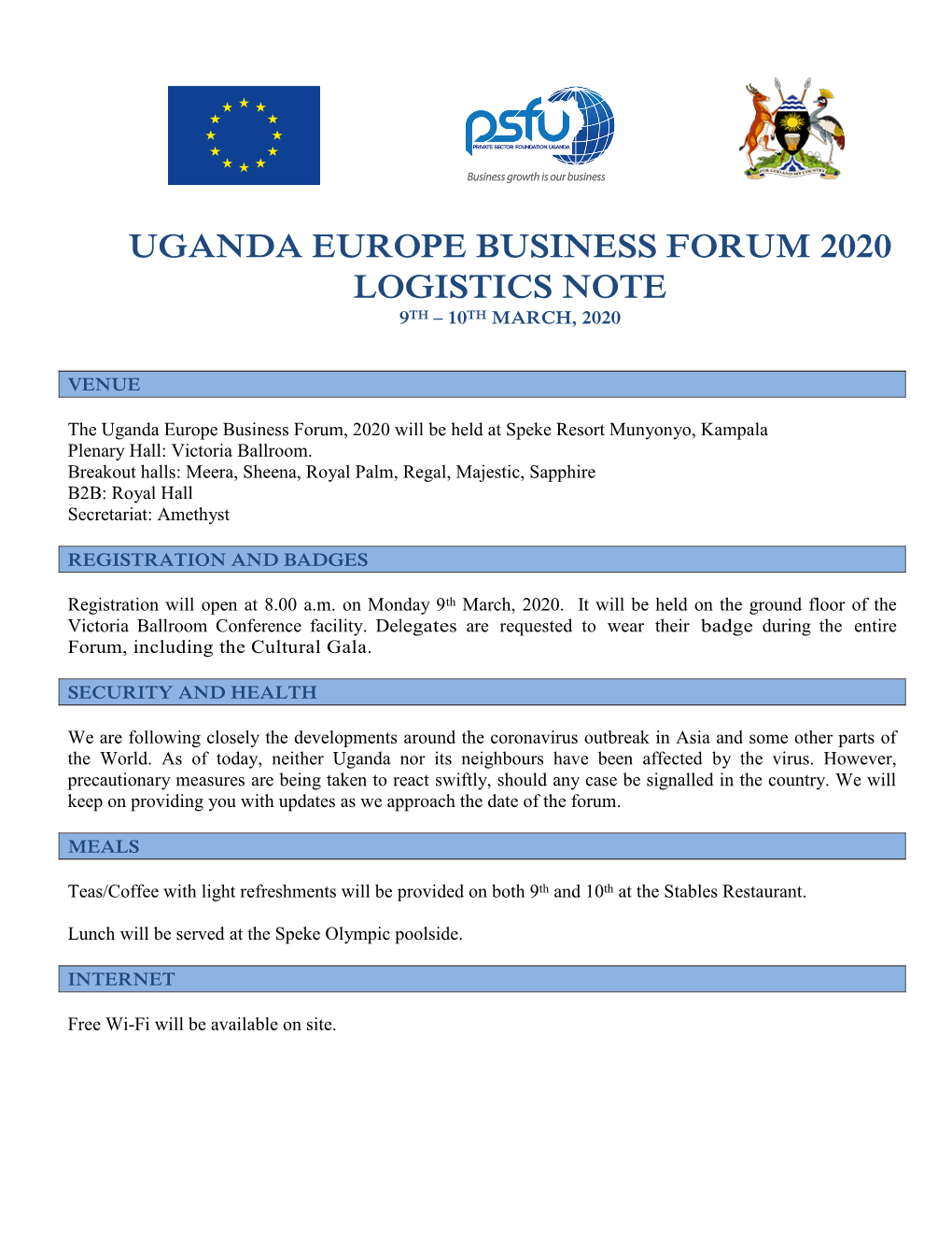 Uganda Europe Business Forum 2020 Logistics Note 9Th – 10Th March, 2020