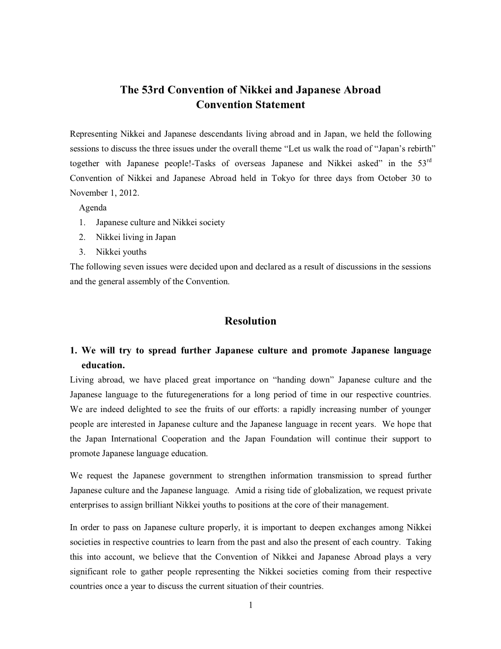 The 53Rd Convention of Nikkei and Japanese Abroad Convention Statement