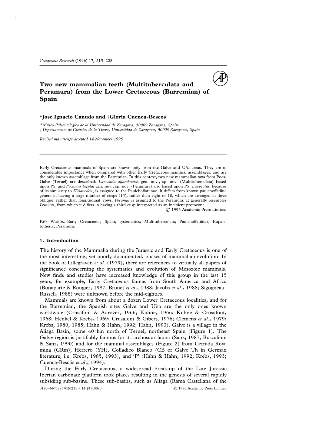 Two New Mammalian Teeth (Multituberculata and Peramura) from the Lower Cretaceous (Barremian) of Spain