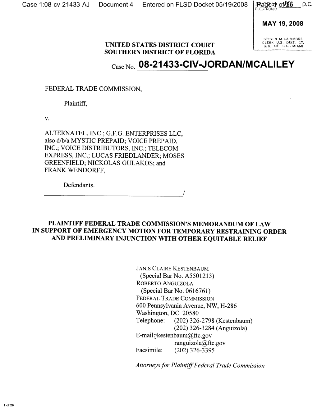 Plaintiff Federal Trade Commission's Memorandum of Law in Support Of