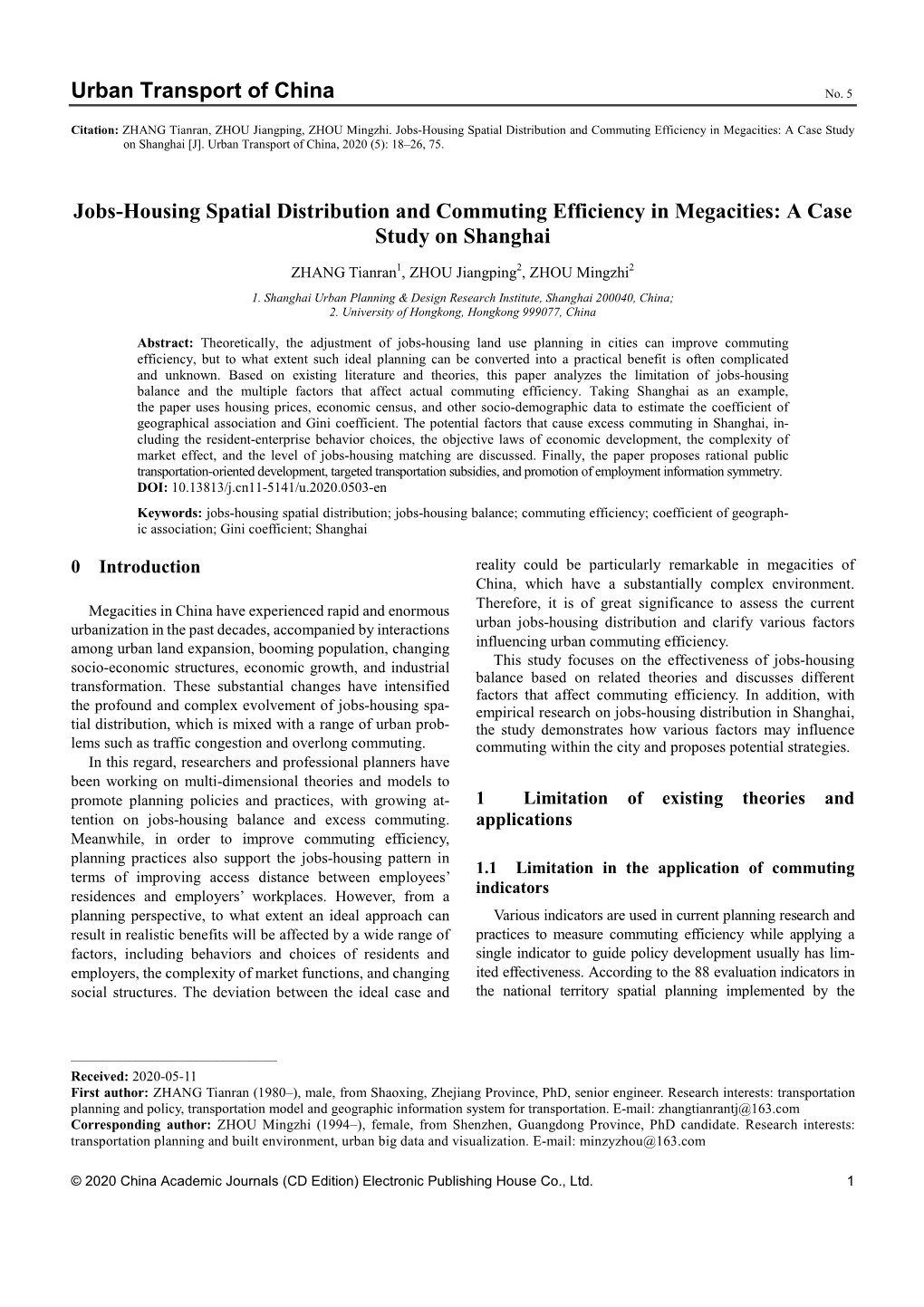 Urban Transport of China Jobs-Housing Spatial Distribution