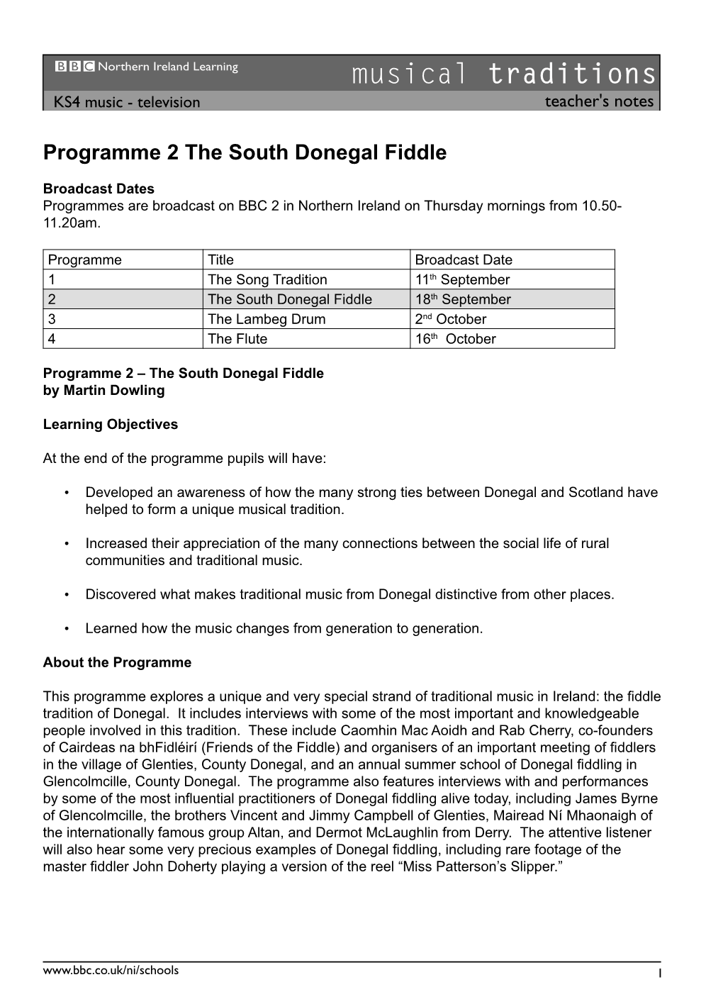 Musical Traditions KS4 Music - Television Teacher's Notes