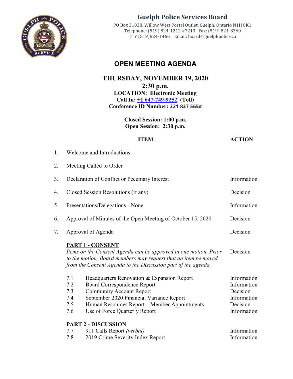 Guelph Police Services Board OPEN MEETING AGENDA THURSDAY