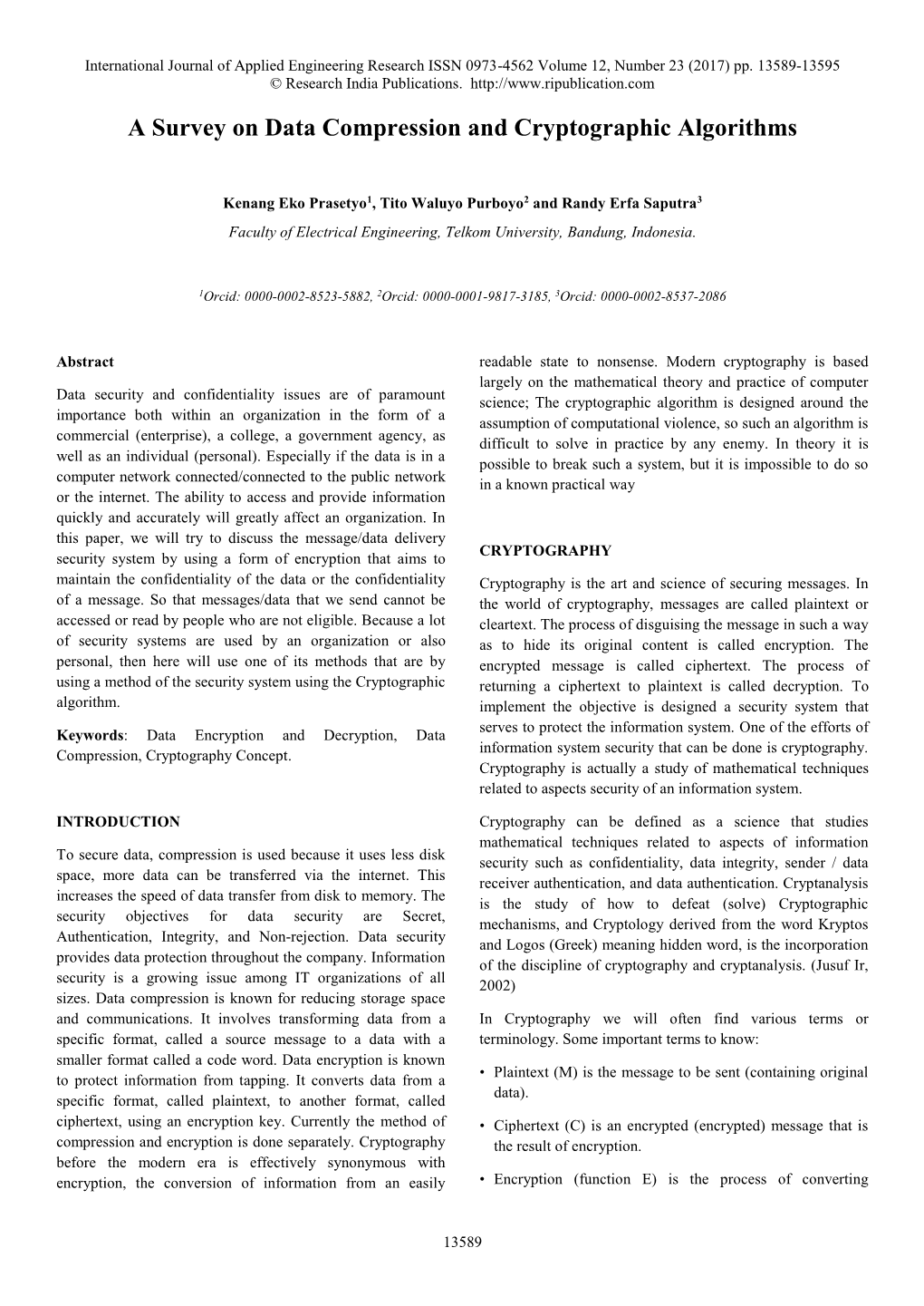 A Survey on Data Compression and Cryptographic Algorithms