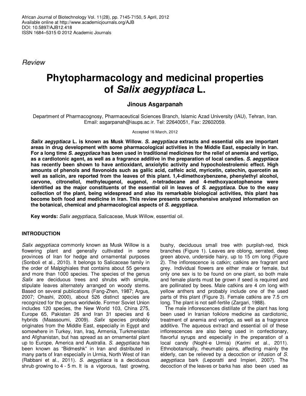 Phytopharmacology and Medicinal Properties of Salix Aegyptiaca L
