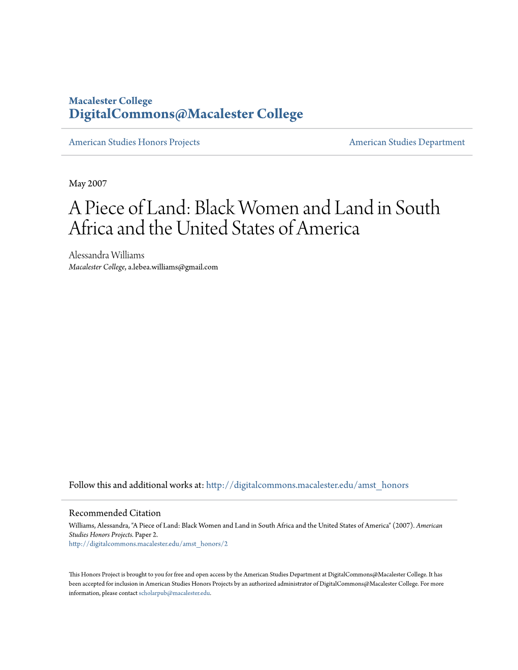 Black Women and Land in South Africa and the United States of America Alessandra Williams Macalester College, A.Lebea.Williams@Gmail.Com