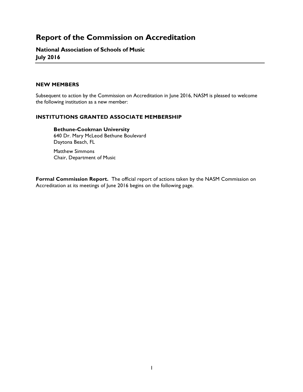 Report of the NASM Commission on Accreditation