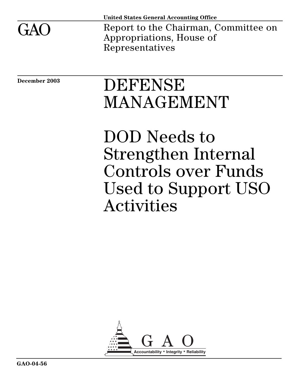 GAO-04-56 Defense Management: DOD Needs to Strengthen Internal