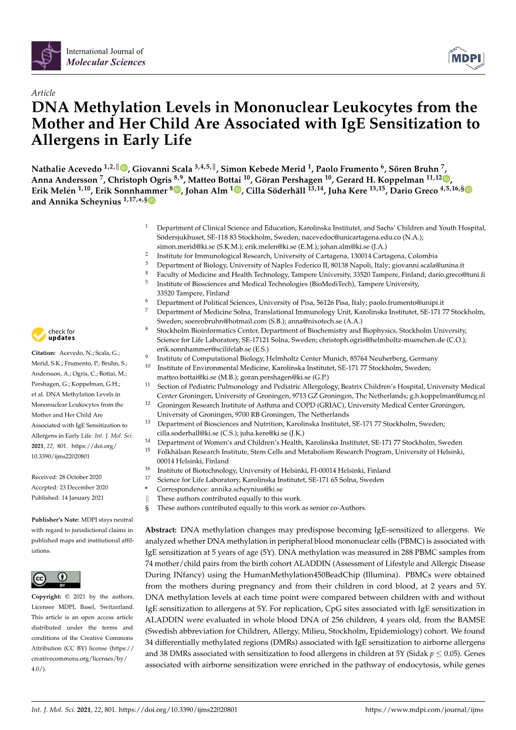 DNA Methylation Levels in Mononuclear Leukocytes from the Mother and Her Child Are Associated with Ige Sensitization to Allergens in Early Life