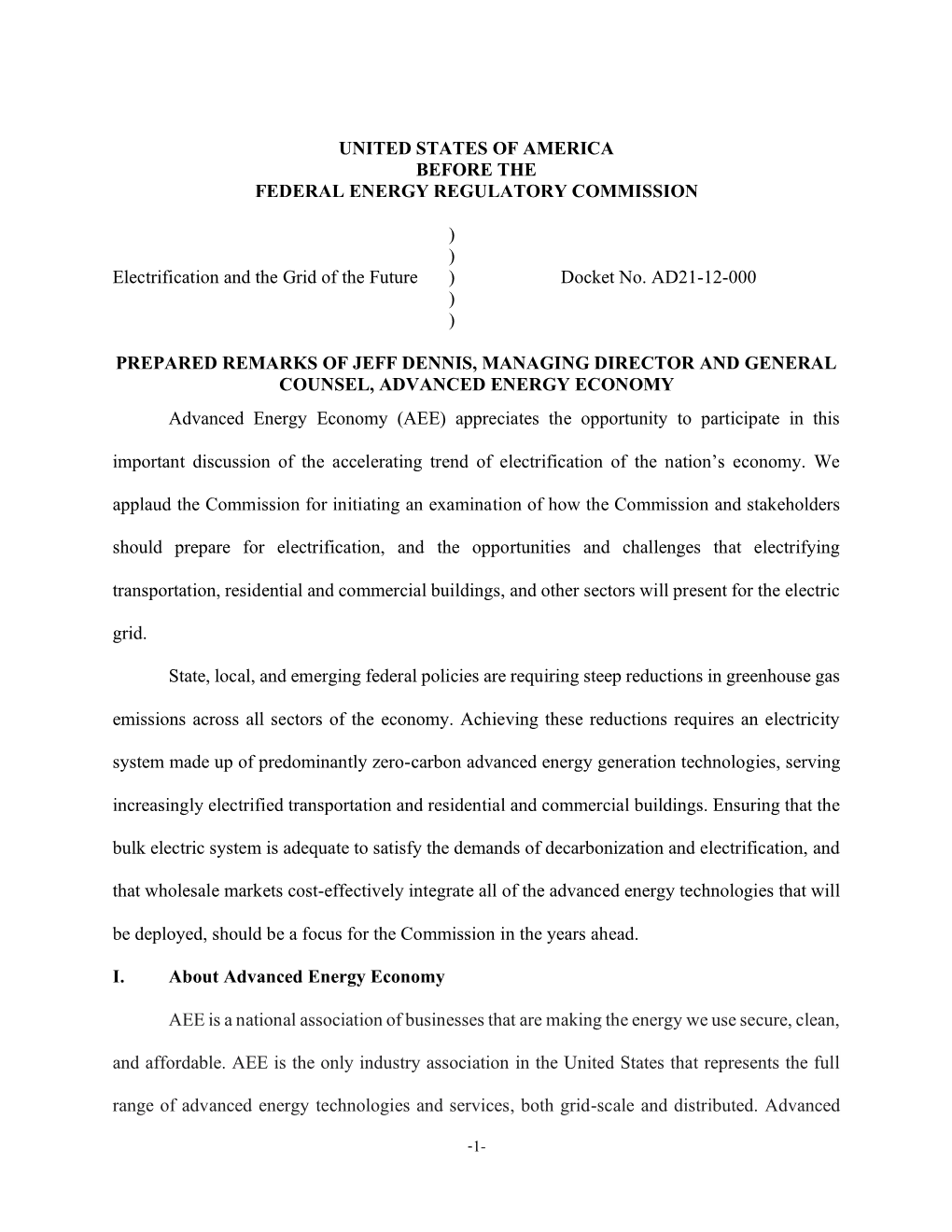 United States of America Before the Federal Energy Regulatory Commission