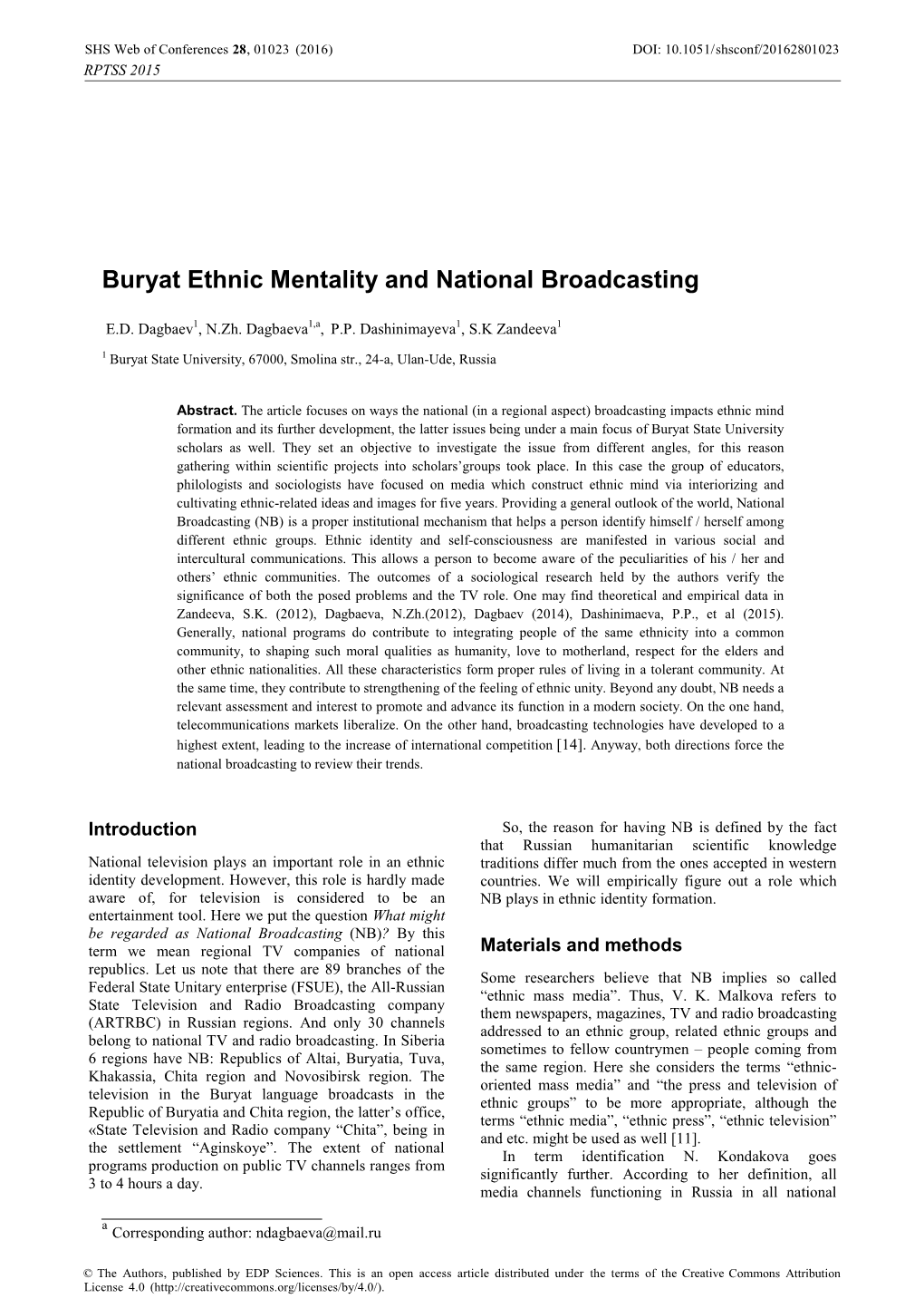Buryat Ethnic Mentality and National Broadcasting