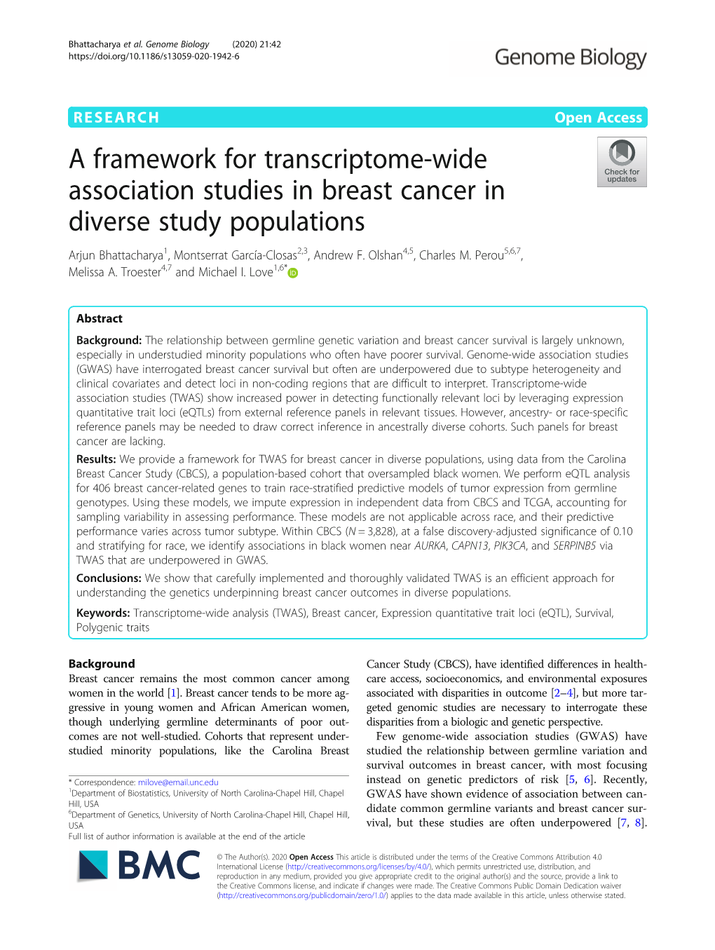 A Framework for Transcriptome-Wide Association Studies in Breast Cancer in Diverse Study Populations Arjun Bhattacharya1, Montserrat García-Closas2,3, Andrew F
