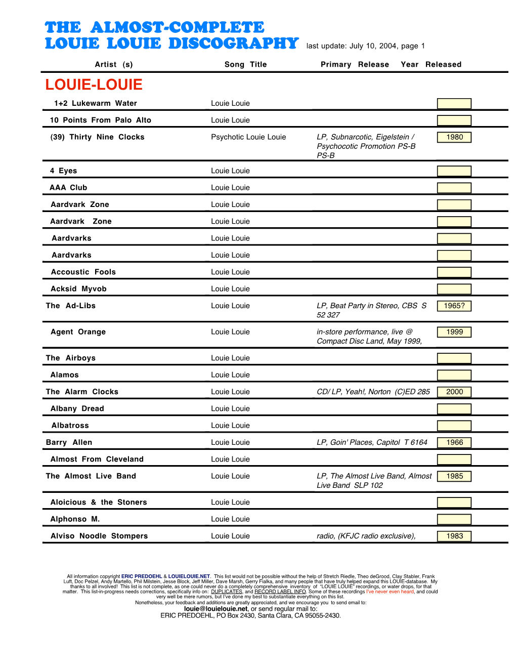 THE ALMOST-COMPLETE LOUIE LOUIE DISCOGRAPHY Last Update: July 10, 2004, Page 1