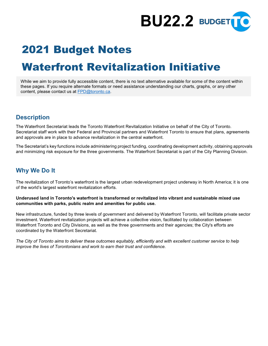 2021 Budget Notes Waterfront Revitalization Initiative