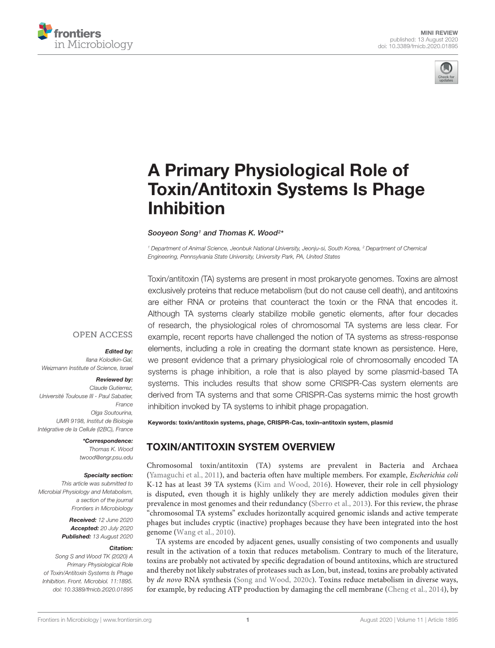 A Primary Physiological Role of Toxin/Antitoxin Systems Is Phage Inhibition