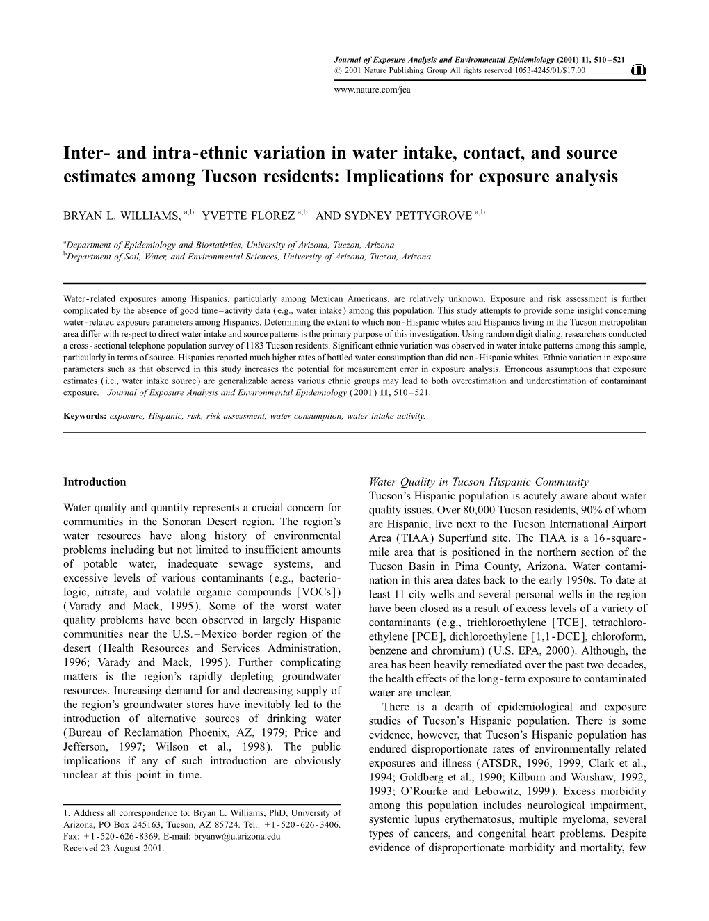 And Intra-Ethnic Variation in Water Intake, Contact, and Source Estimates Among Tucson Residents: Implications for Exposure Analysis