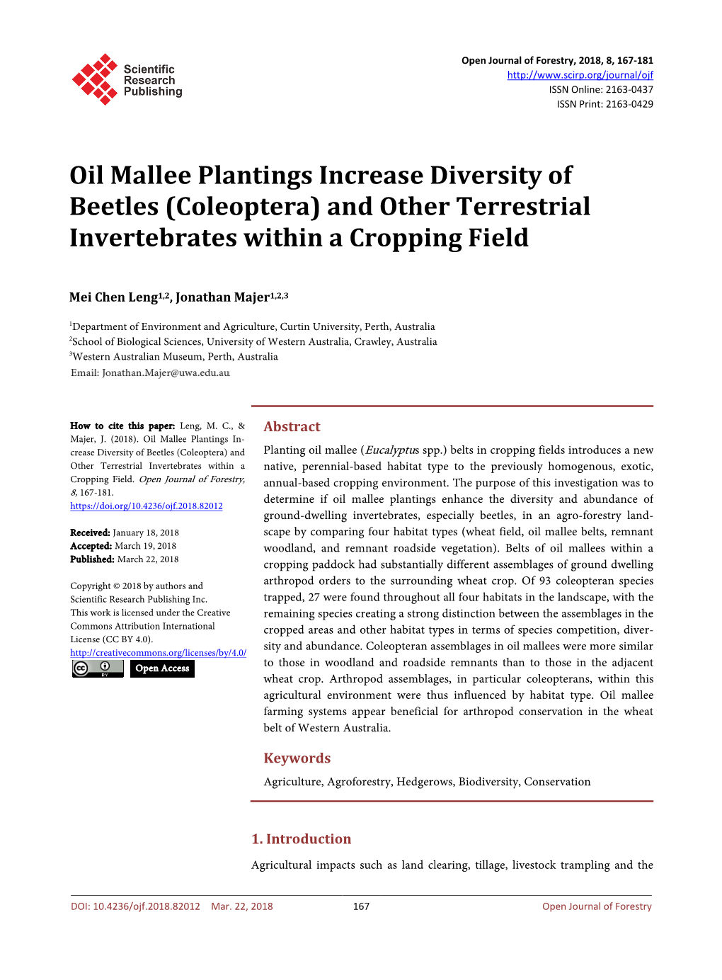 Oil Mallee Plantings Increase Diversity of Beetles (Coleoptera) and Other Terrestrial Invertebrates Within a Cropping Field
