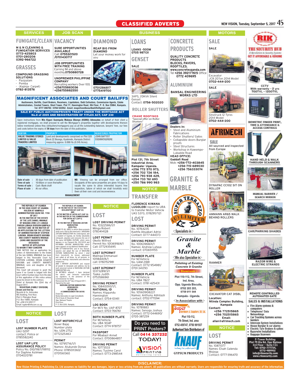 CLASSIFIED ADVERTS NEW VISION, Tuesday, September 5, 2017 45