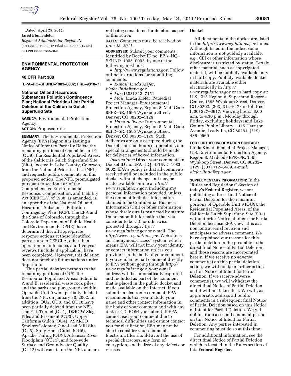 Federal Register/Vol. 76, No. 100/Tuesday, May 24, 2011