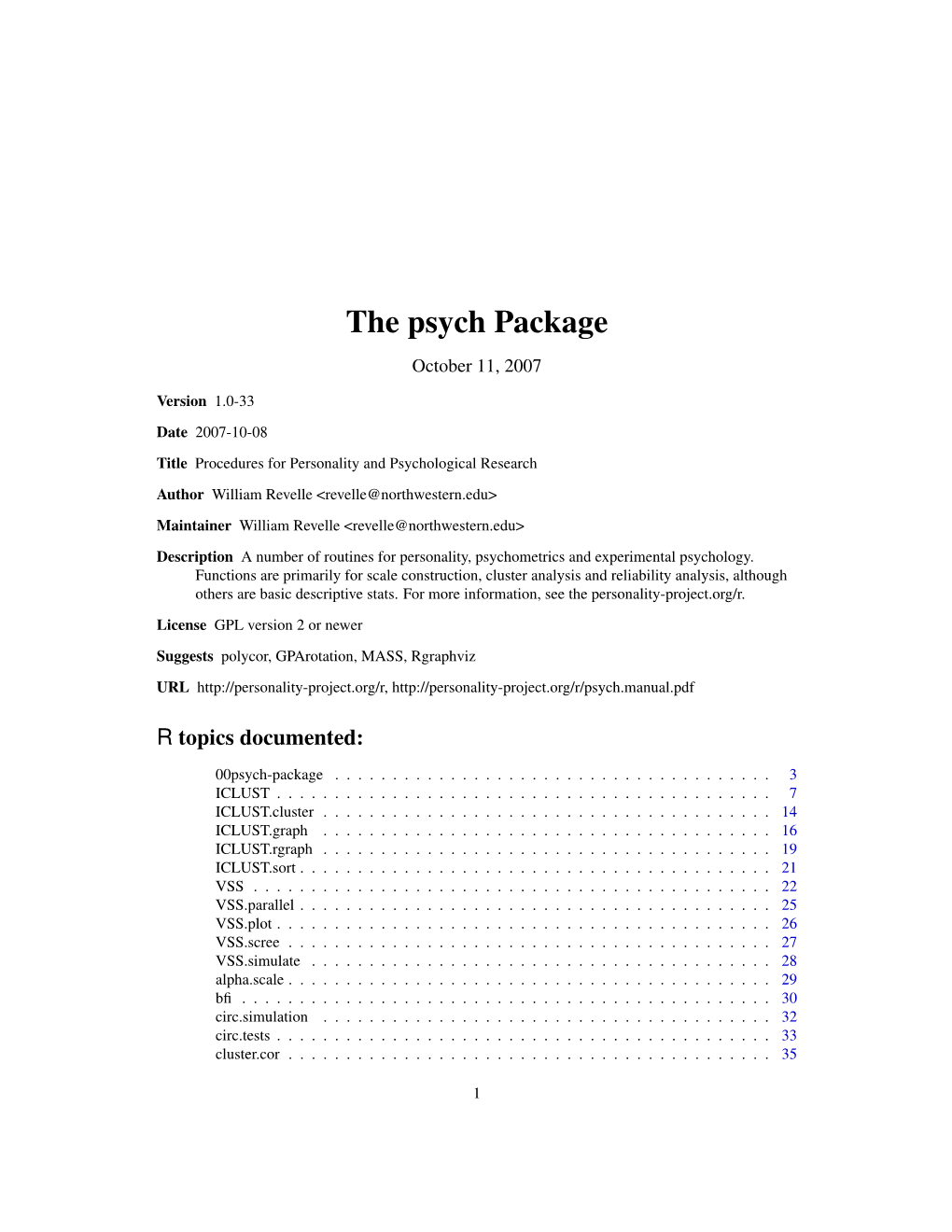 The Psych Package October 11, 2007