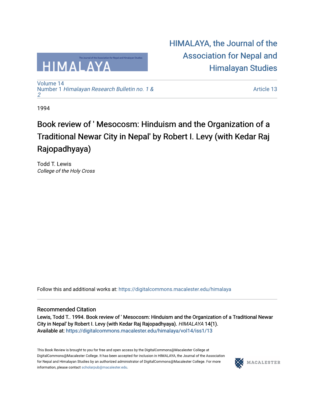 Book Review of ' Mesocosm: Hinduism and the Organization of a Traditional Newar City in Nepal' by Robert I