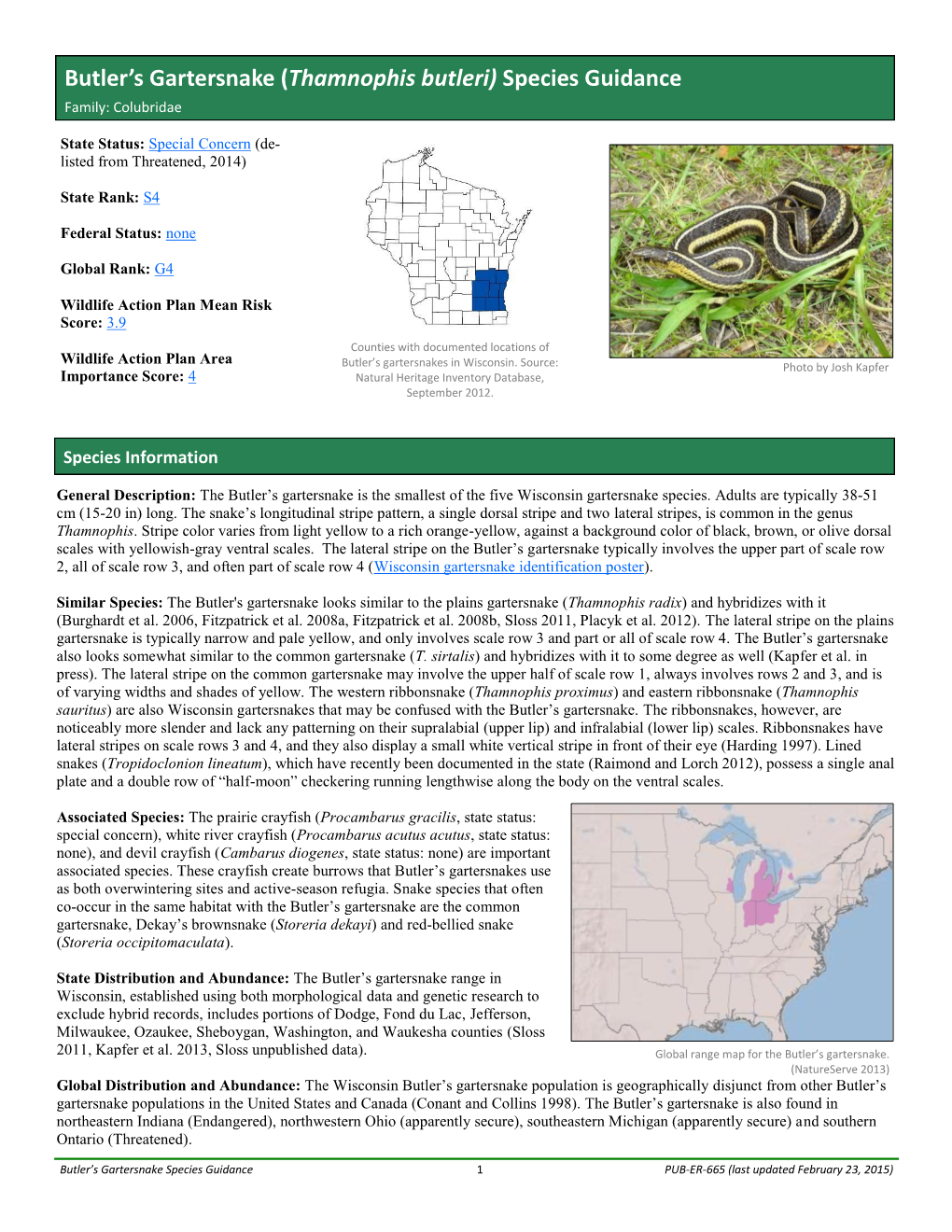 Butler's Gartersnake (Thamnophis Butleri) Species Guidance