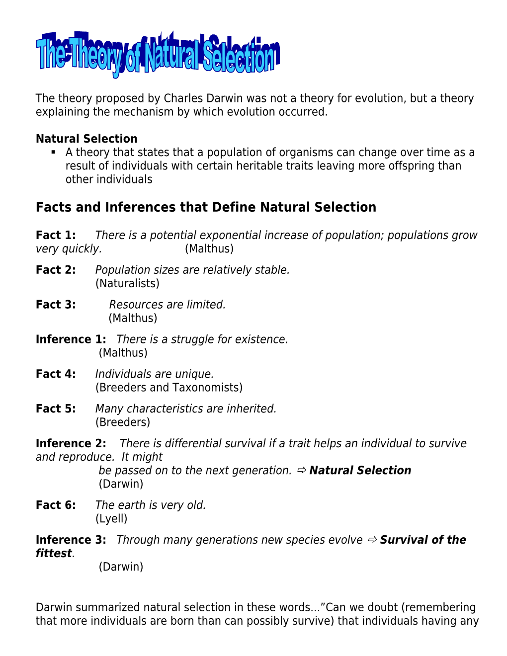 Facts and Inferences That Define Natural Selection