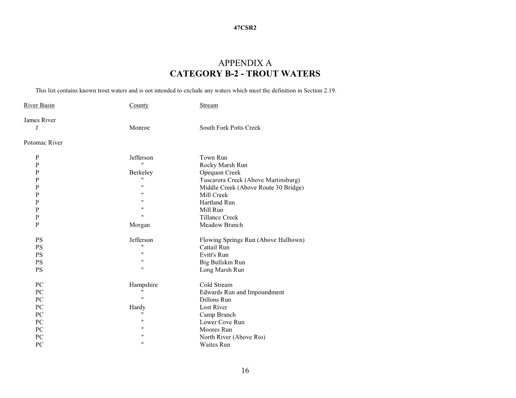 Appendix a Category B-2 - Trout Waters