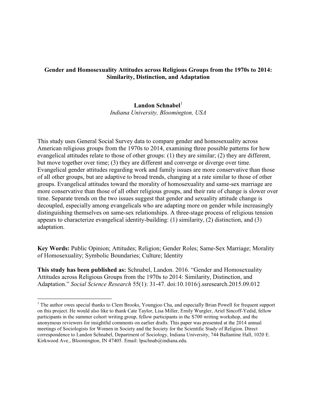 Gender and Homosexuality Attitudes Across Religious Groups from the 1970S to 2014: Similarity, Distinction, and Adaptation