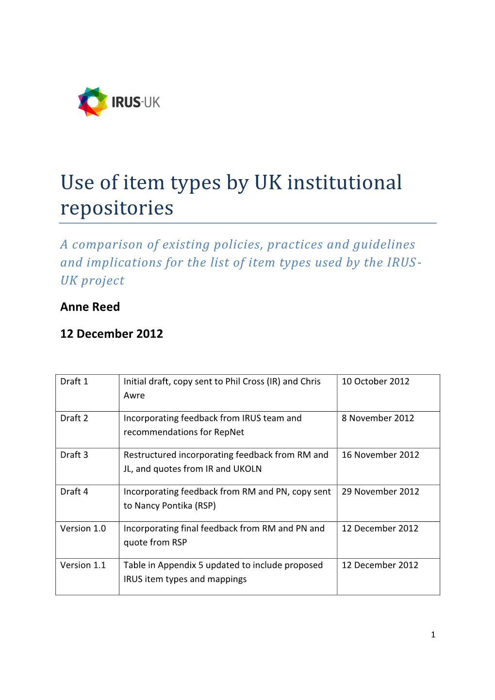 Use of Item Types by UK Institutional Repositories