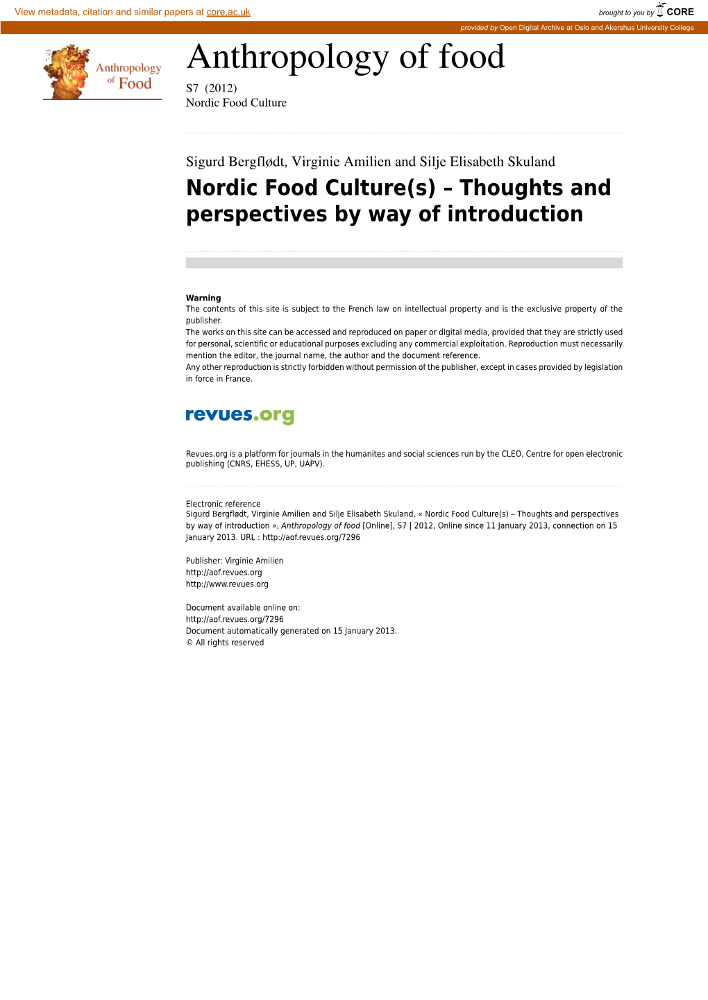 Nordic Food Culture(S) – Thoughts and Perspectives by Way of Introduction