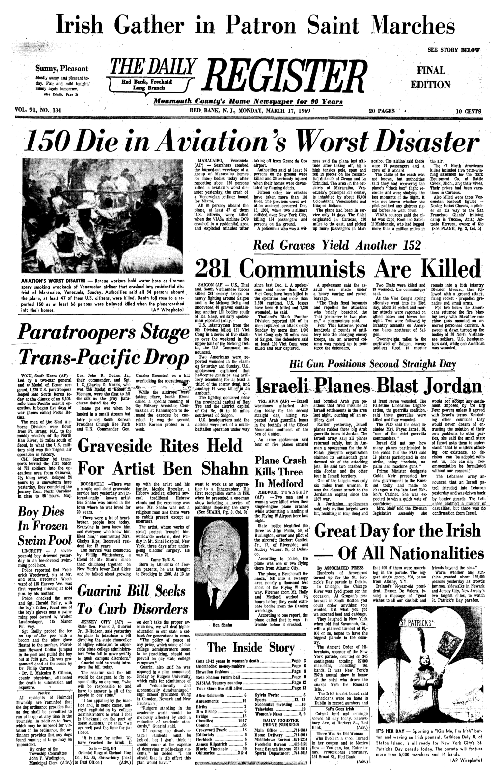 17, 1969 20 PAGES • 10 CENTS 150 Die in Aviation's Worst Disaster MAEACAIBO, Venezuela Taking Off from Grano De Oro Ness Said the Plane Lost Alti- Acaibo
