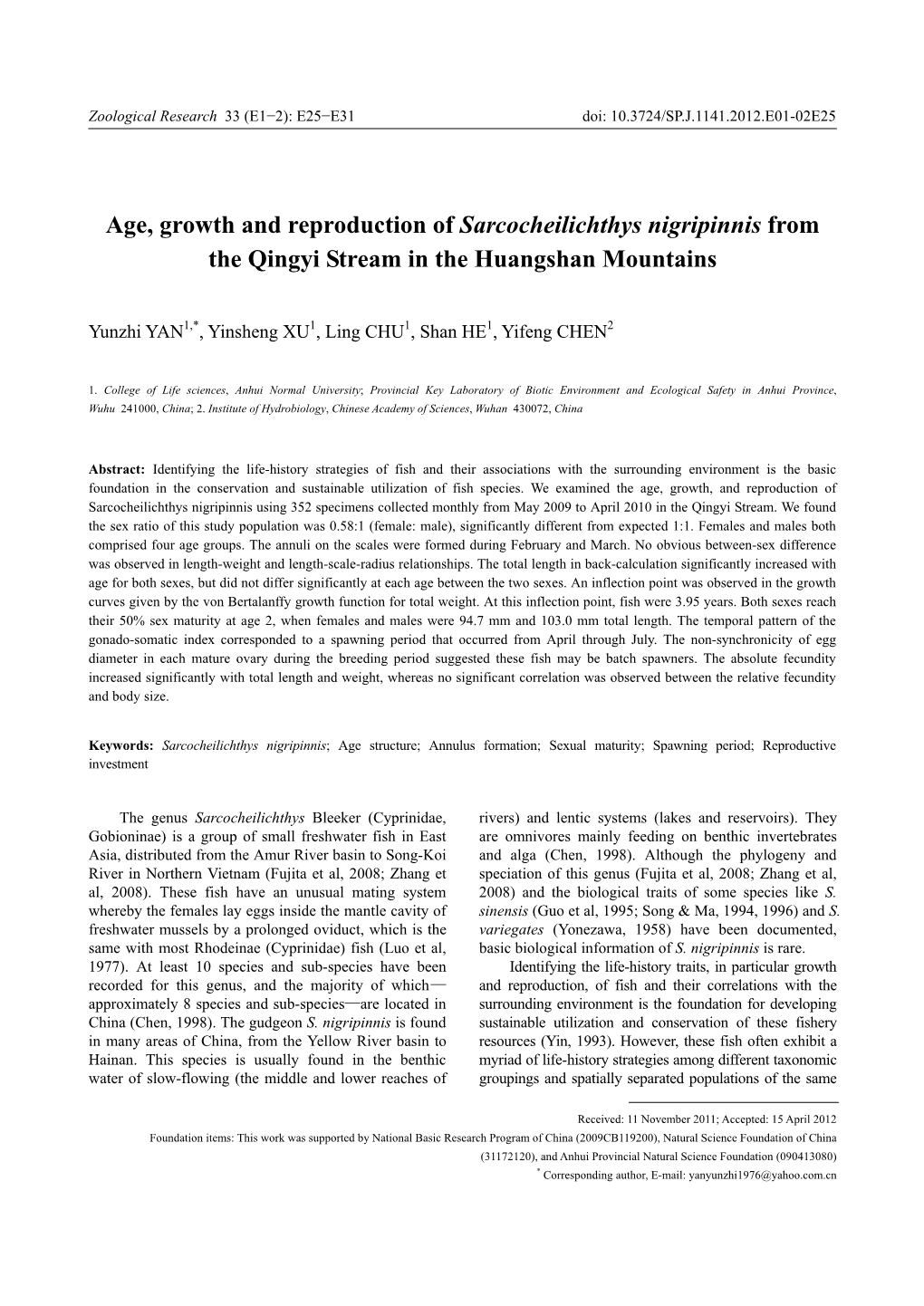 Age, Growth and Reproduction of Sarcocheilichthys Nigripinnis from the Qingyi Stream in the Huangshan Mountains