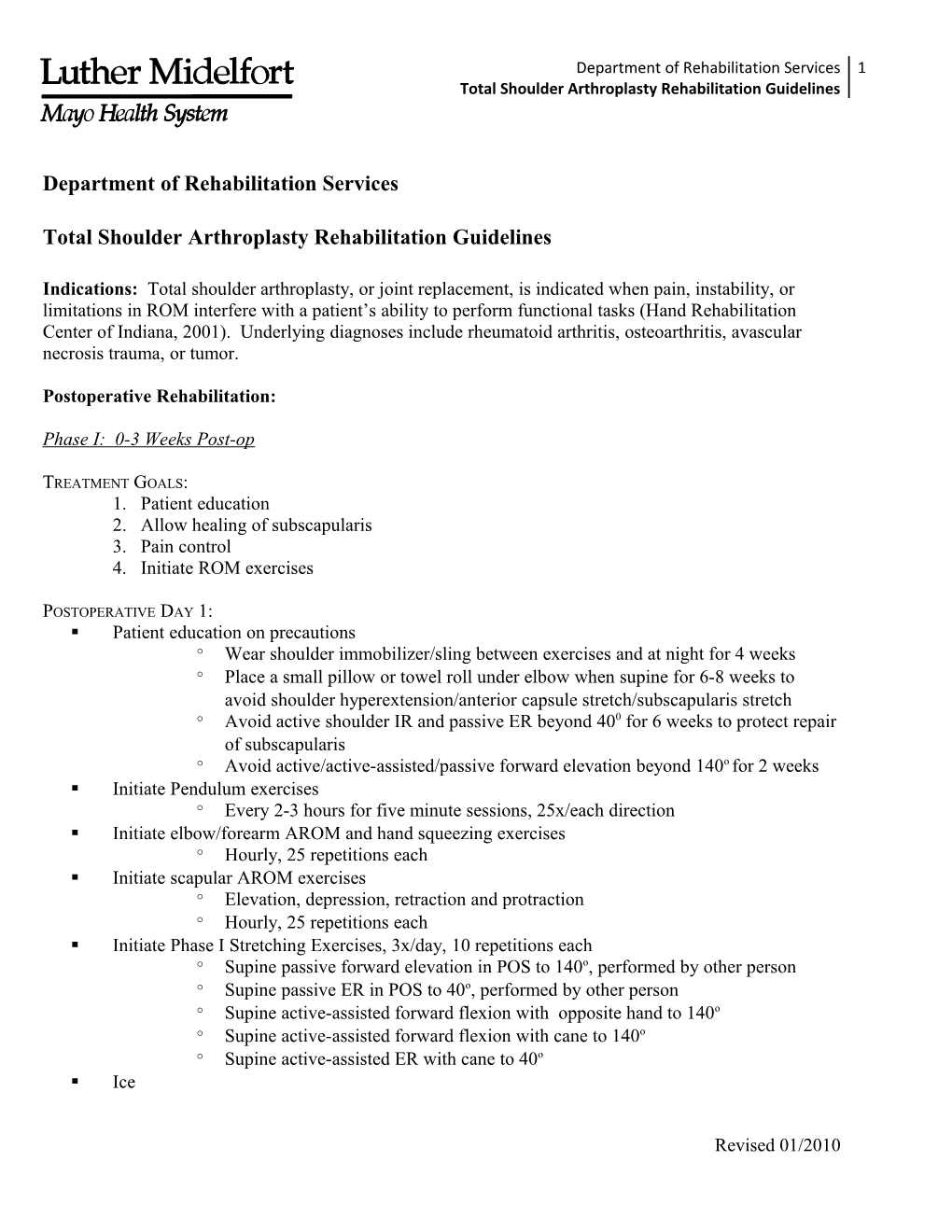 Total Shoulder Arthroplasty Rehabilitation Guidelines