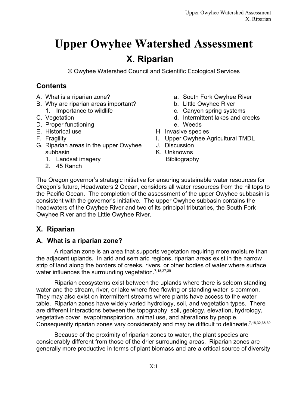 Upper Owyhee Watershed Assessment X