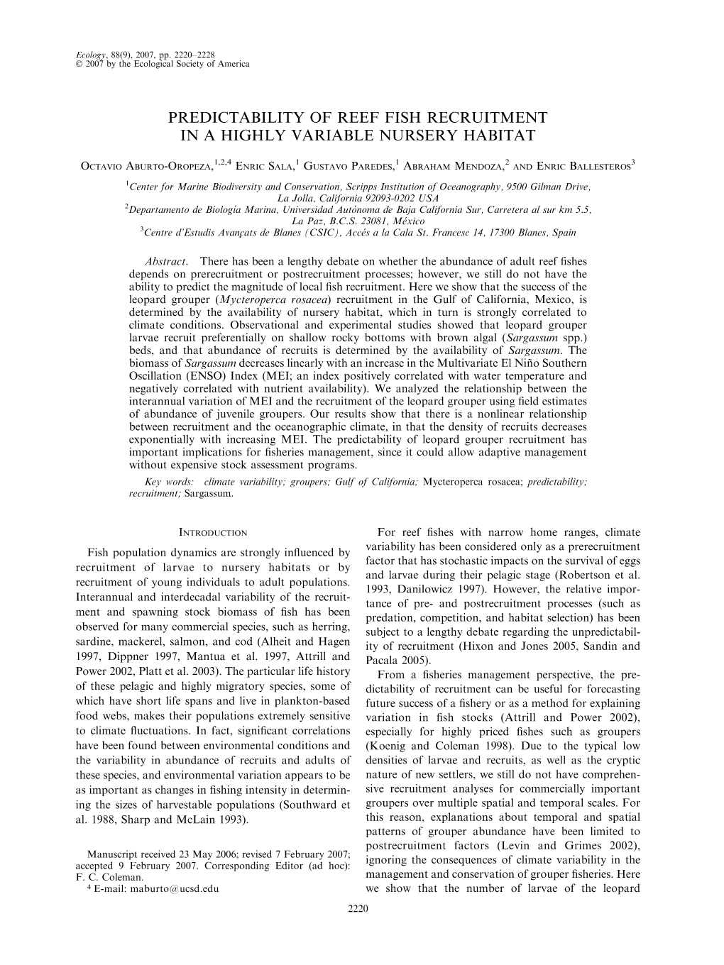 Predictability of Reef Fish Recruitment in a Highly Variable Nursery Habitat