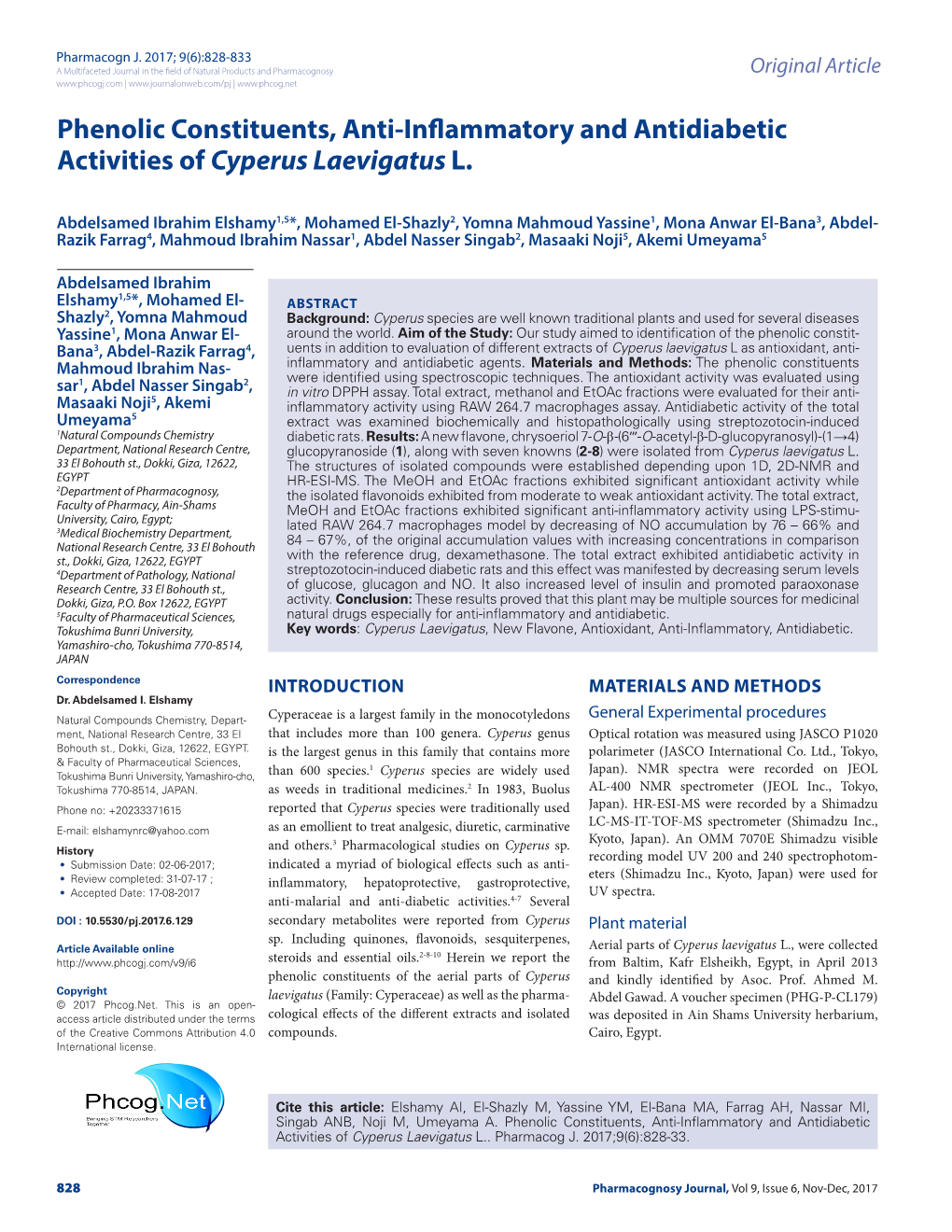 Phenolic Constituents, Anti-Inflammatory and Antidiabetic Activities of Cyperus Laevigatus L