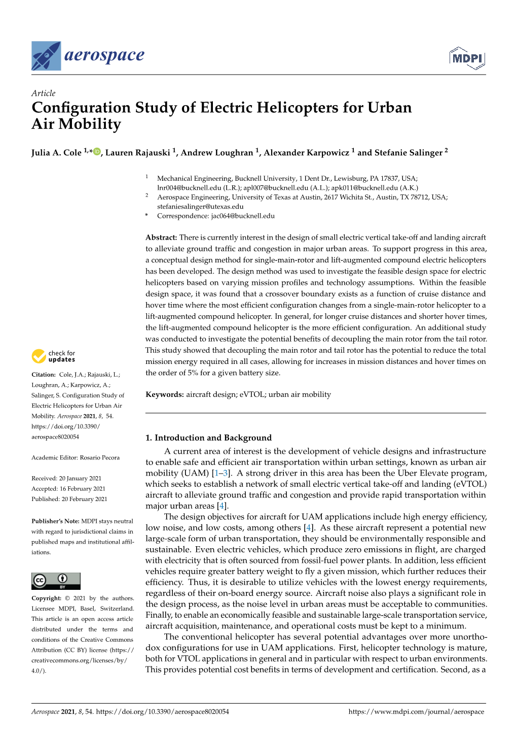 Configuration Study of Electric Helicopters for Urban Air Mobility