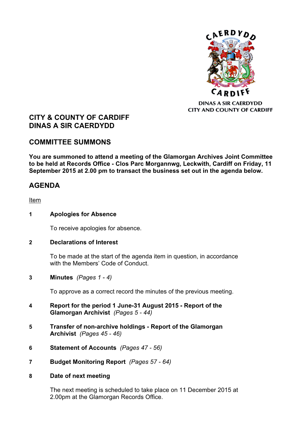 Agenda Document for Glamorgan Archives Joint Committee, 11/09