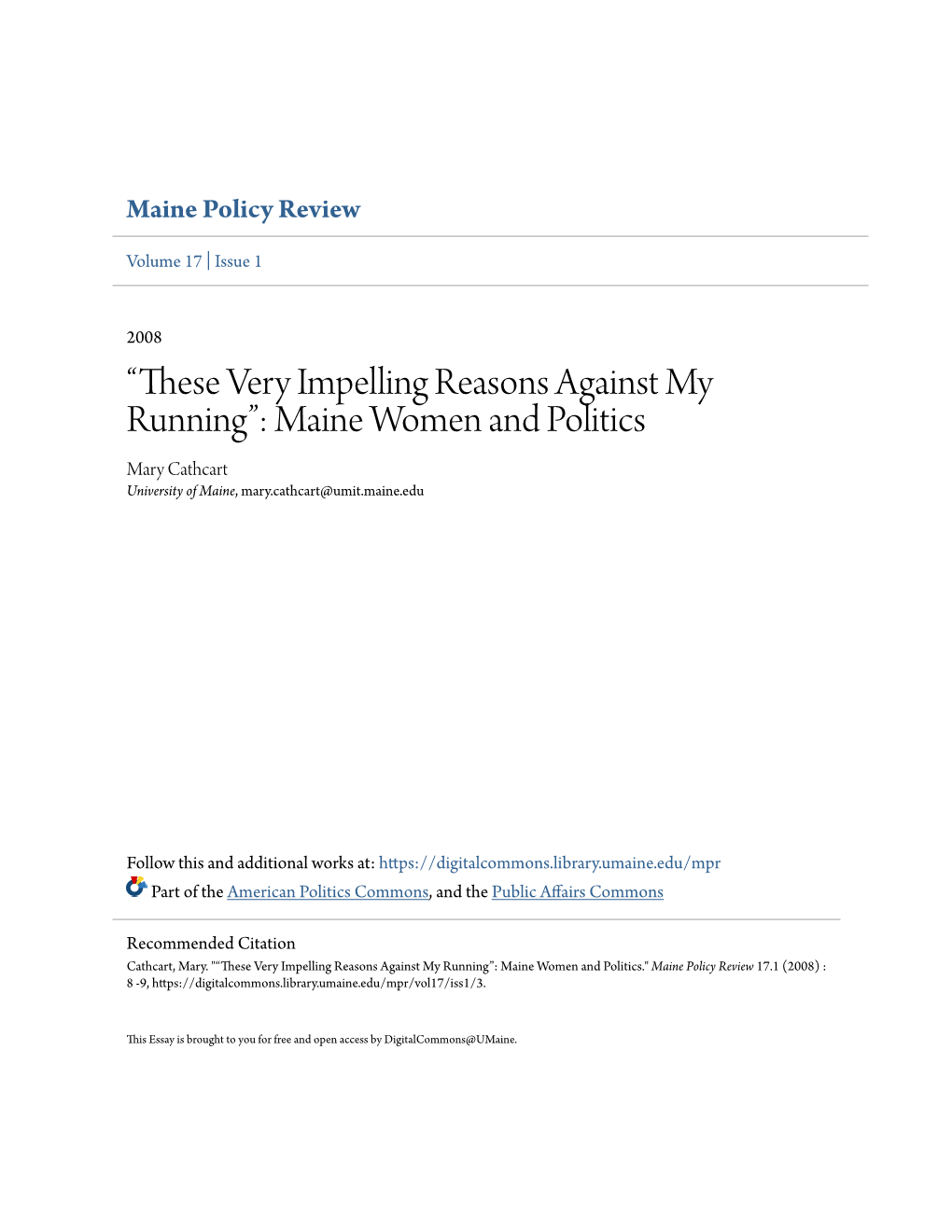 “These Very Impelling Reasons Against My Running”: Maine Women and Politics