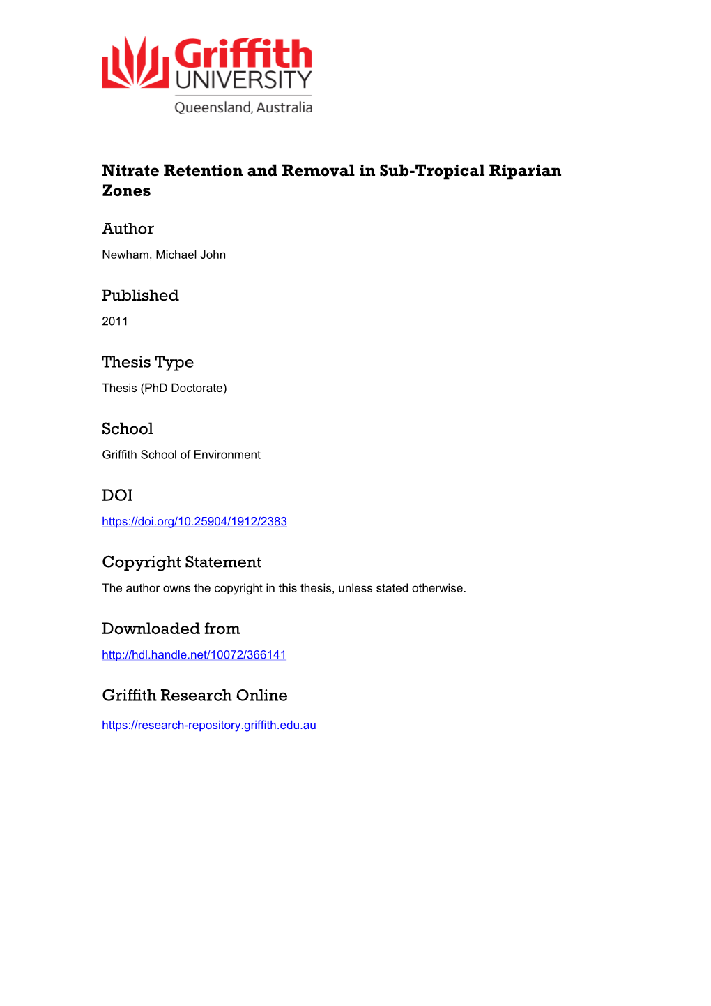 Nitrogen Retention and Removal in Sub-Tropical Riparian Zones