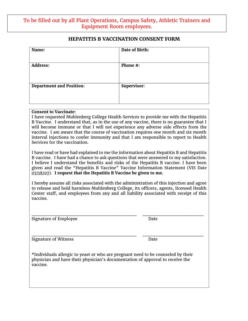 Hepatitis B Vaccine Consent/Declination Form