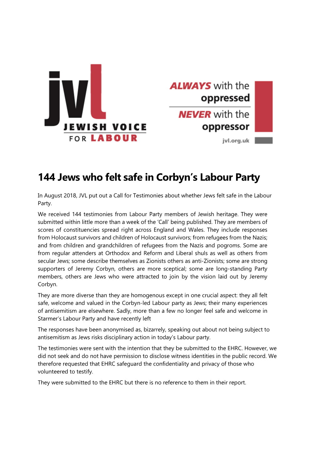 144 Jews Who Felt Safe in Corbyn's Labour Party