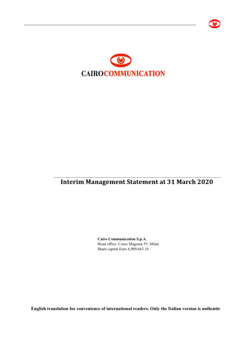 Interim Management Statement at 31 March 2020