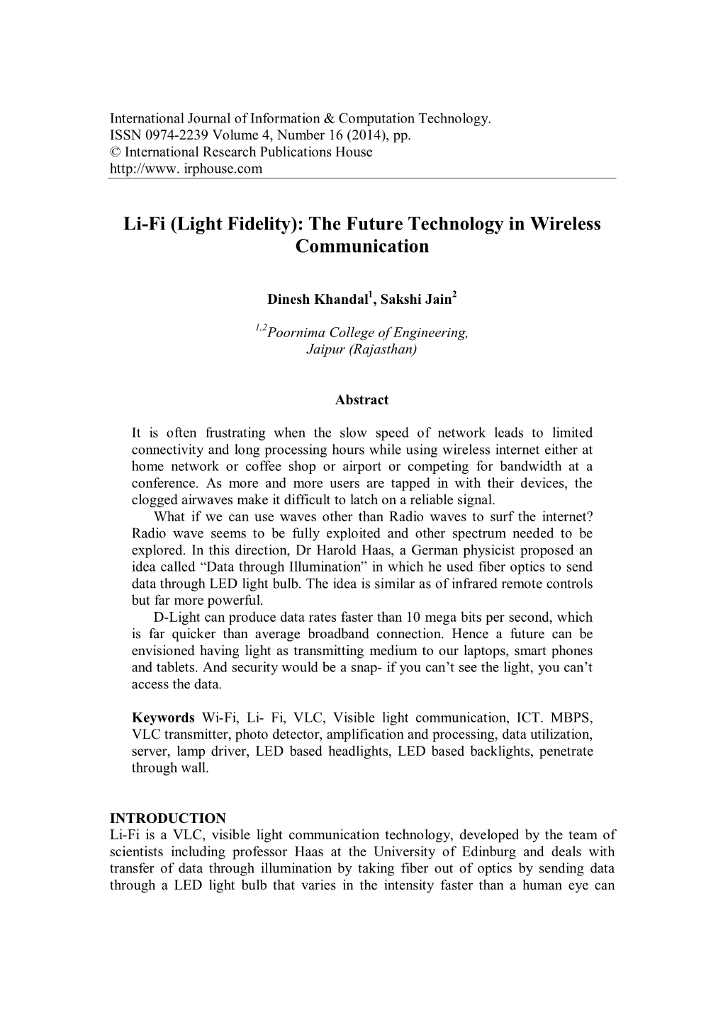 Li-Fi (Light Fidelity): the Future Technology in Wireless Communication