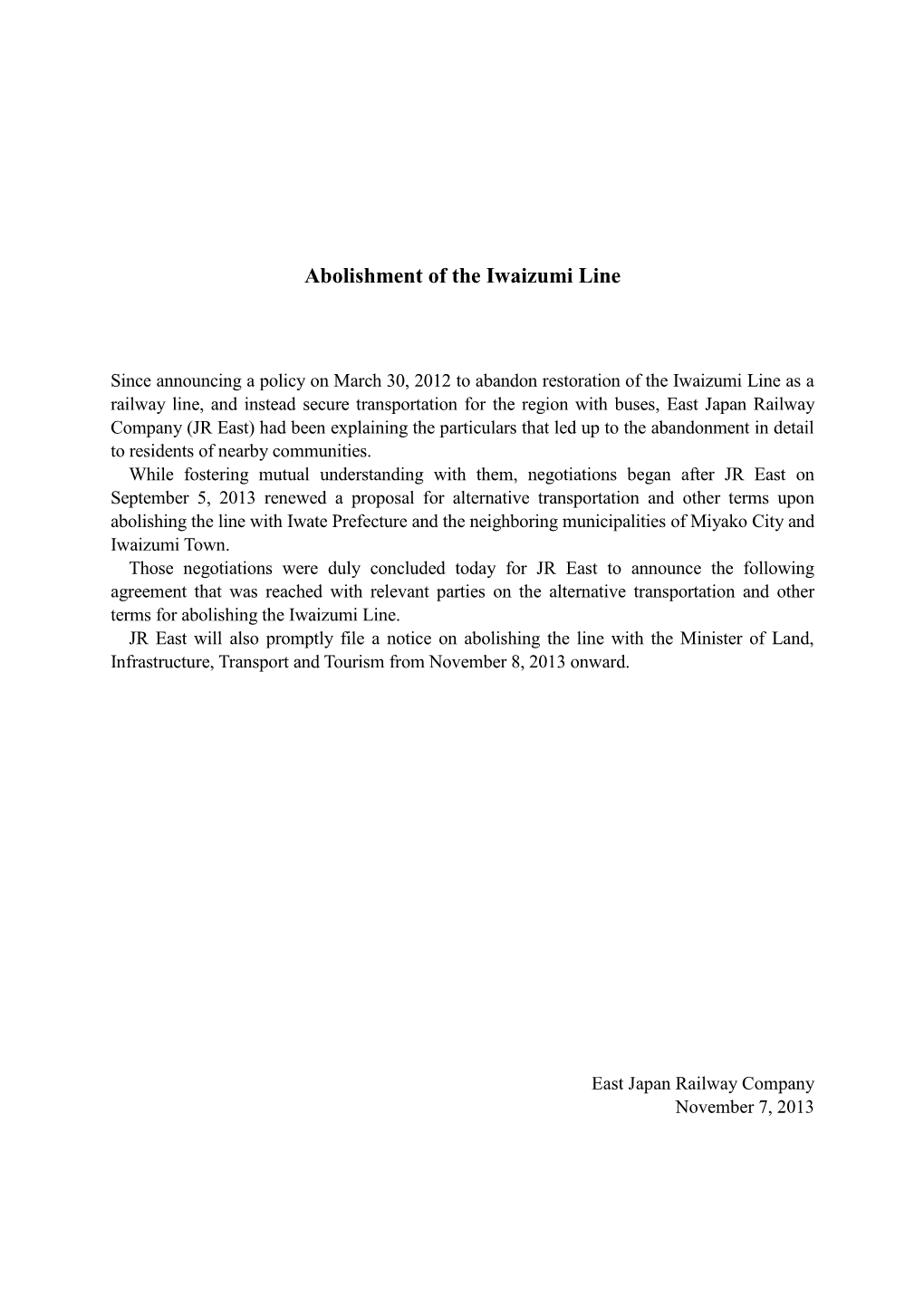 Abolishment of the Iwaizumi Line [PDF/70KB]