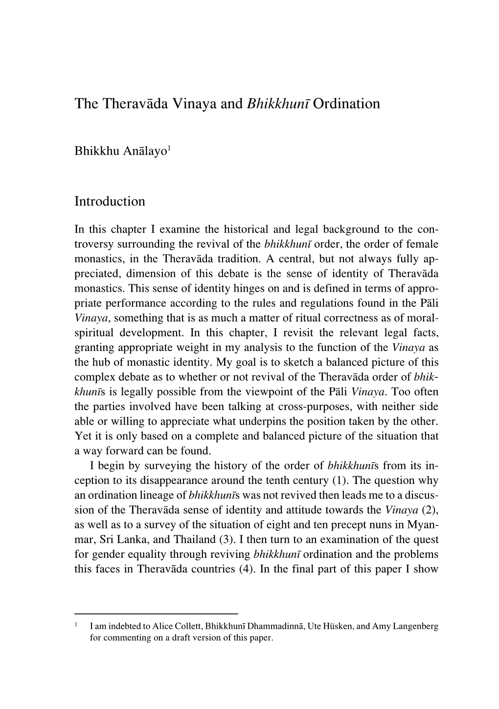 The Theravāda Vinaya and Bhikkhunī Ordination